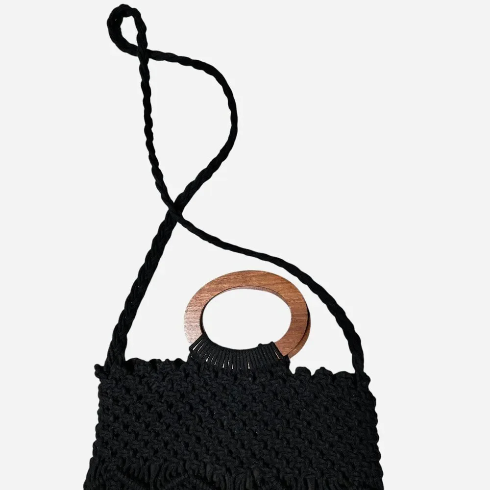 Danielle Nicole Boho Hippie Black Macrame Wooden Handle Crossbody fringe Bag‎